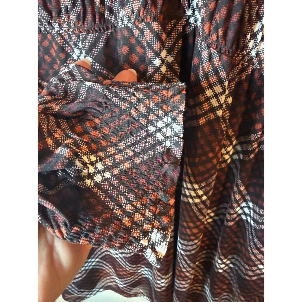 Maurices Women 3X Brown Plaid Smocked Yoke Ruffle Neck Long Sleeve Blouse Top - Picture 6 of 9